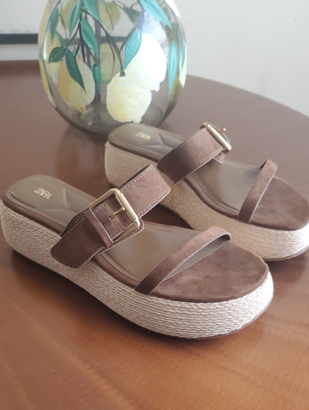 Zara Tan Suede Espadrille Slide Sandals with Buckle